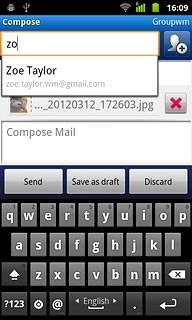 An email message containing the picture or video clip is created.Key in the first letters of the required contact.Matching contacts are displayed.Press the required contact.