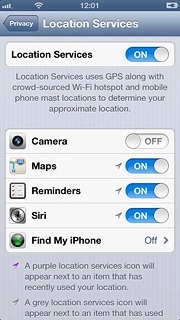 Press the indicator next to Location Services.Depending on the current setting, the function is turned on or off.