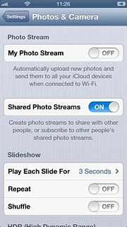 Press the indicator next to Shared Photo Streams to turn on the function.Log on to iCloud if you're asked to do so.