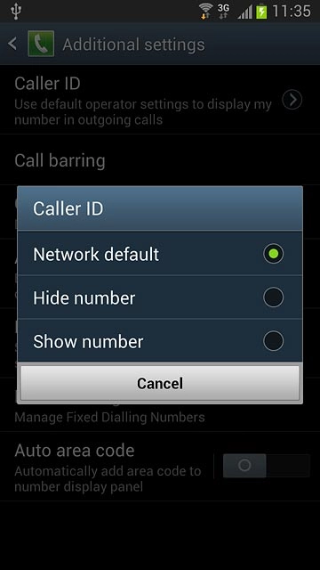 Press Network default, Hide number or Show number.