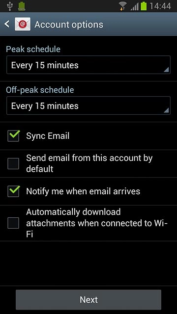 Follow the instructions on the display to select email account settings.Press Next.