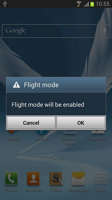 Press OK.Depending on the current setting, flight mode is turned on or off.