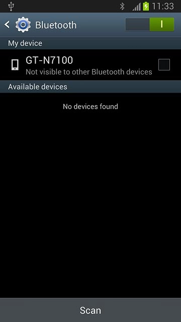 Press Scan.Your phone now searches for devices and after a moment, a list of Bluetooth devices within range is displayed.