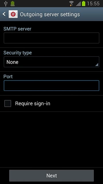 If you turn on SMTP authentication:Follow the instructions on the display to key in the username and password for your email account.Please note that if you're using Vodafone's outgoing server, turn off SMTP authentication and leave the username and password fields empty.Press Next.