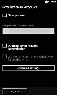 Press Outgoing server requires authentication to turn SMTP authentication on or off.If you turn on SMTP authentication:Follow the instructions on the display to key in the username and password for your email account.Please note that if you're using Vodafone's outgoing server, turn off SMTP authentication and leave the username and password fields empty.