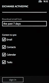 Press Email, Contacts, Calendar and Tasks to turn synchronisation of each data type on or off.