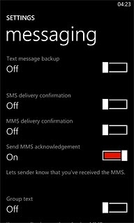 Press the indicator next to SMS delivery confirmation.Depending on the current setting, the function is turned on or off.
