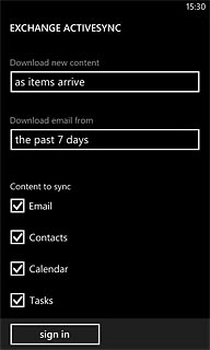 Press Email, Contacts, Calendar and Tasks to turn synchronisation of each data type on or off.
