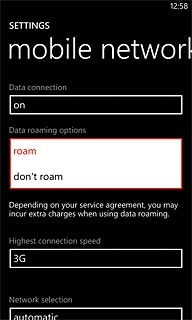 Press roam or don't roam to turn data roaming on or off.