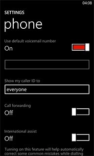 Press the indicator next to Use default voicemail number.Depending on the current setting, use of default voicemail number is turned on or off.