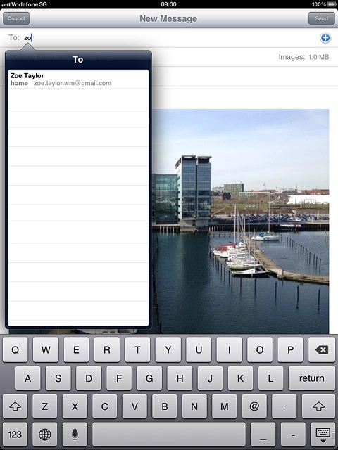 An email message containing the picture or video clip is created.Key in the first letters of the required contact.Matching contacts are displayed.Press the required contact.
