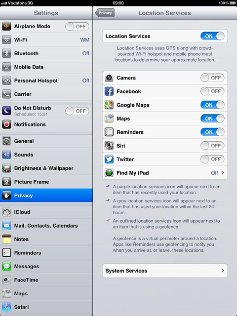 Press the indicator next to Location Services.Depending on the current setting, the function is turned on or off.