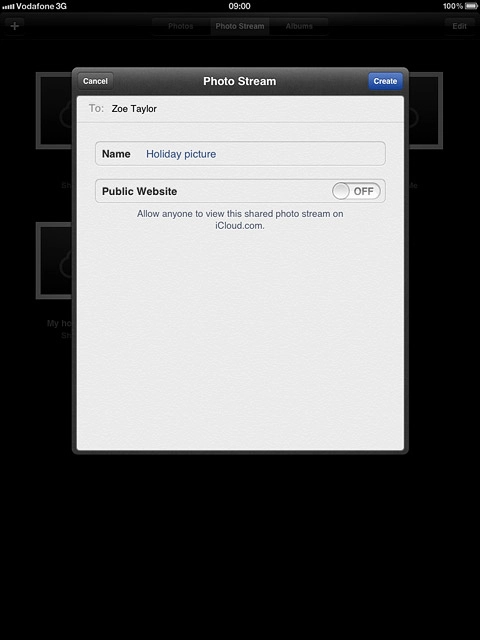 To make the album public using iCloud:Press the indicator next to Public Website to turn on the function.