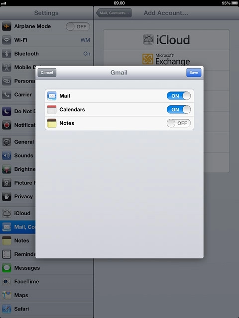Press the indicator next to the required data type to turn synchronisation of the specific data types on or off.