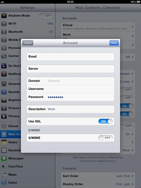 Press the indicator next to Use SSL.Depending on the current setting, security is turned on or off.