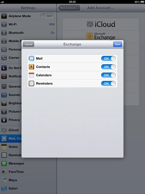 Press the indicator next to the required data type to turn synchronisation of the specific data types on or off.