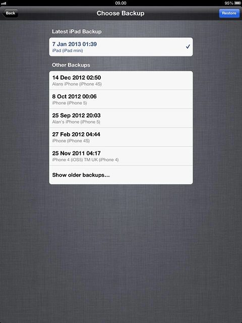 Press the required backup.