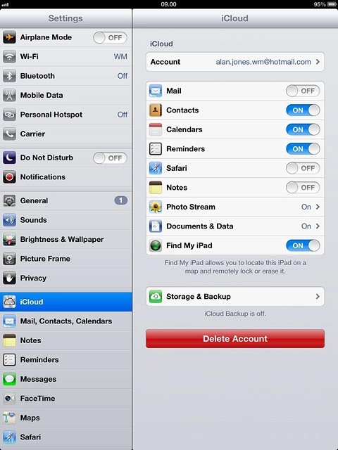 Press the indicator next to the required data type to turn on synchronisation.