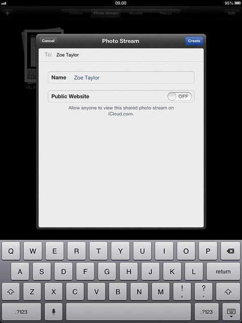 To make the album public using iCloud:Press the indicator next to Public Website to turn on the function.