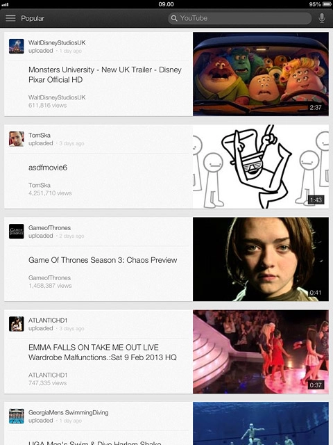 You can now use the application.Please note that YouTube isn't part of the original application package and therefore only a general description is given here.You have a number of options, such as:Search for video clipsSearch for video clips in a categoryIf you have a YouTube account and you log on, you can also:Upload video clipsShare video clipsCreate playlistsRate video clips