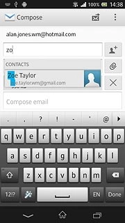 An email message containing the picture or video clip is created.Key in the first letters of the required contact.Matching contacts are displayed.Press the required contact.