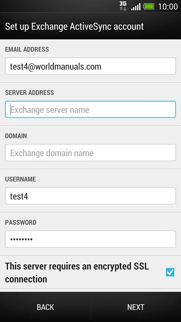 Press Exchange server name and key in the server address.
