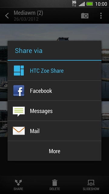 Press More.Select one of the following options:Via email message, go to 3a.Via Gmail message, go to 3b.Via picture message, go to 3c.
