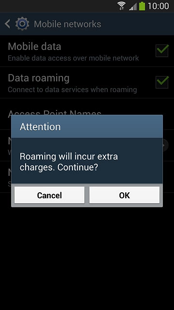 If you turn on data roaming:Press OK to confirm.