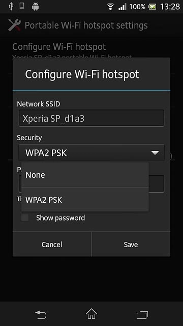 If you want to password protect your hotspot:Press WPA2 PSK.
