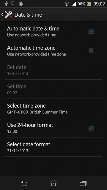 Press Automatic date & time until the function is turned on.