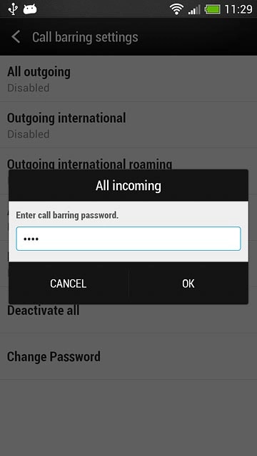 Key in your barring password (default is 0000) and press OK.Depending on the current setting, call barring is turned on or off.