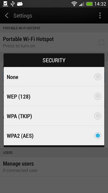 If you don't want to password protect your Wi-Fi hotspot:Press None.