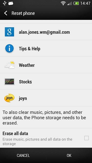 Press Erase all data to turn erase all data on or off.