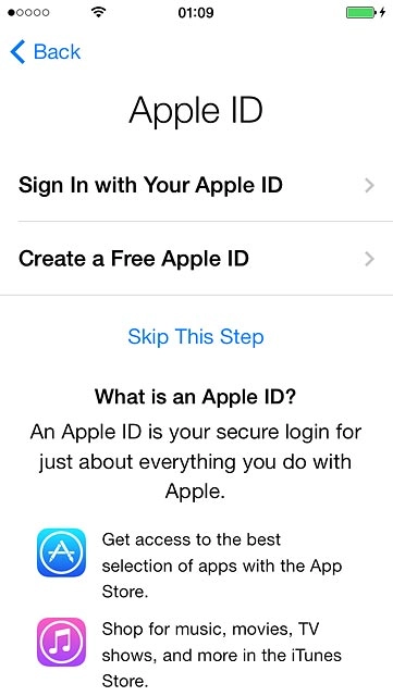 To activate your phone using a new Apple ID:Press Create a Free Apple ID.