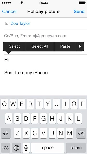 Press and hold anywhere on the text input field.Press arrow right, if required.