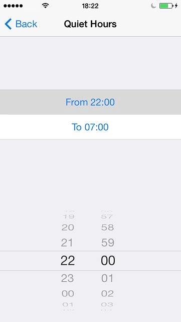 Drag hours and minutes upwards or downwards to specify the period of time in which you don't want to be disturbed.