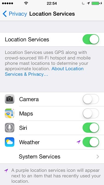 Press the indicator next to the required application to turn GPS usage for the required applications on or off.