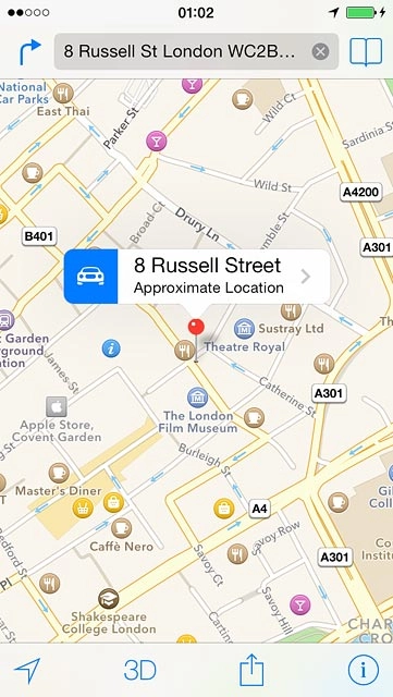 the selected destination is displayed as a point on the map.