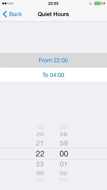 Drag hours and minutes upwards or downwards to specify the period of time in which you don't want to be disturbed.