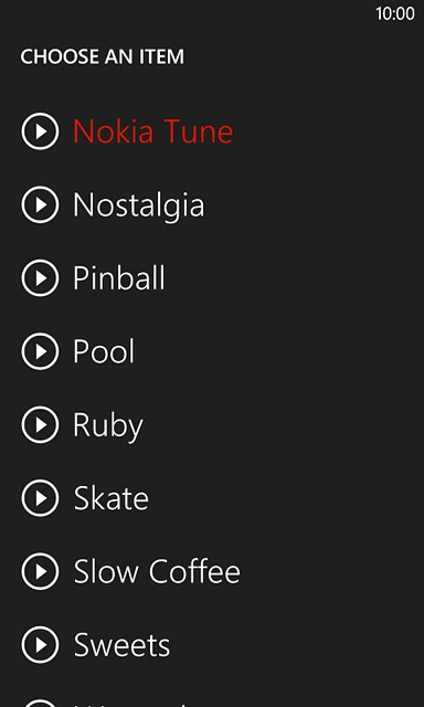 Press the play icon next to the required ring tones to listen to them.