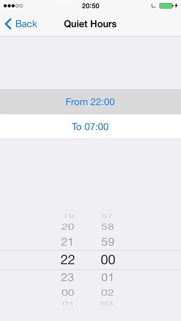 Drag hours and minutes upwards or downwards to specify the period of time in which you don't want to be disturbed.