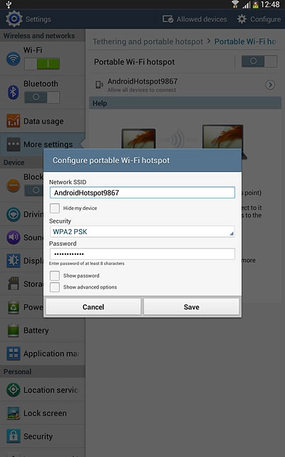 Key in the required name for the Wi-Fi hotspot.Press the drop down list below 