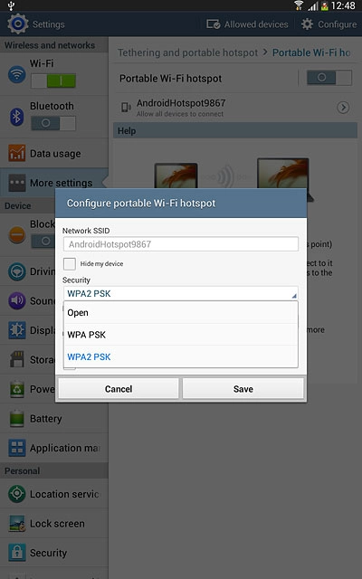 If you don't want to password protect your hotspot:Press Open.
