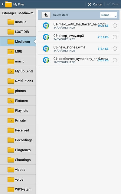 Press the field next to the required audio file.