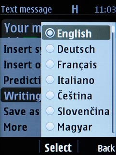 Highlight the required writing language and press the Navigation key.