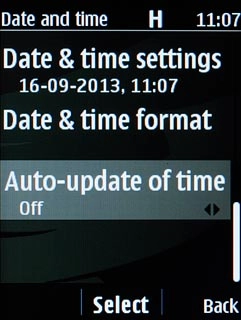 Scroll to Auto-update of time and press the Navigation key.