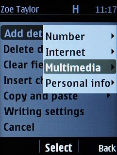 Scroll to Multimedia and press the Navigation key.You can add more information to the contact. The following steps show two examples:Assign picture, go to 4a.Assign ring tone, go to 4b.
