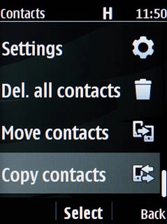 Scroll to Copy contacts and press the Navigation key.