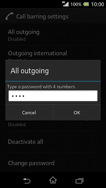 Key in your barring password (default is 0000) and press OK.Depending on the current setting, call barring is turned on or off.