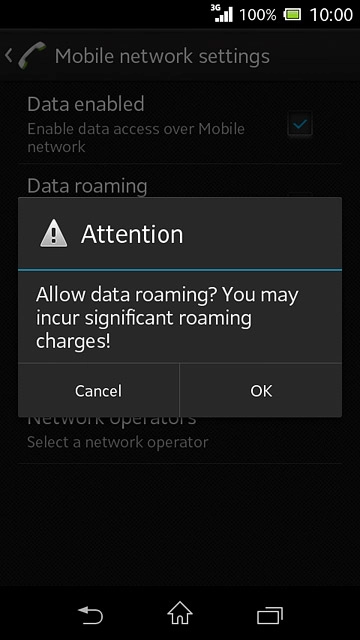 If you turn on data roaming:Press OK to confirm.